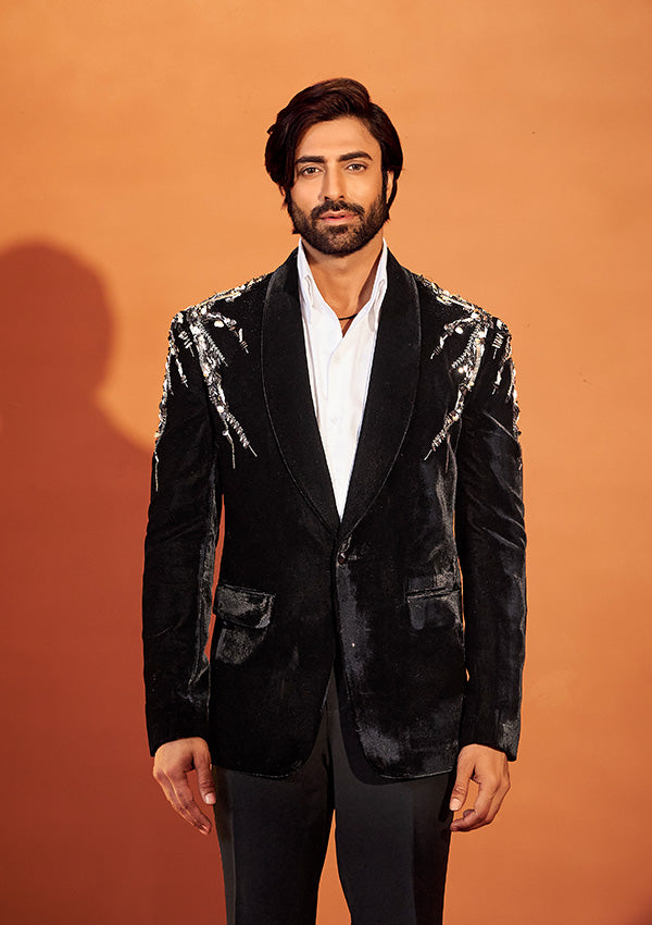 Black Velvet Tuxedo Suit with 3D Embroidery and Grey Embellishments