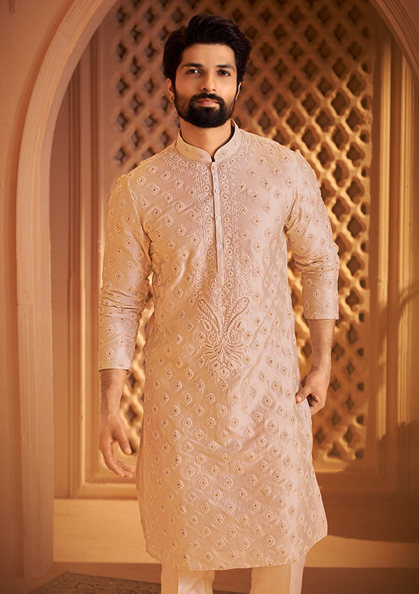 Rose Gold Fire Silk Kurta with Handcrafted Golden Kasab Embroidery