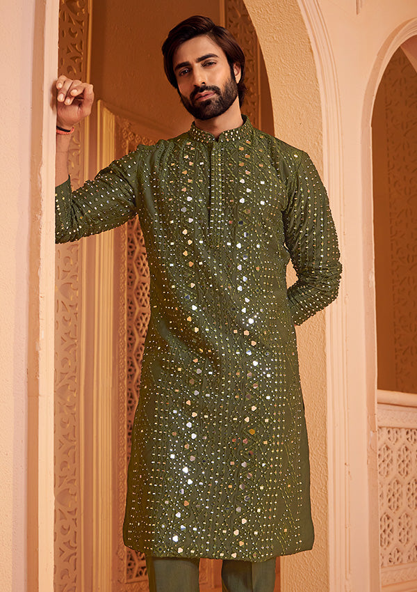 Green Fire Silk Sherwani with All-Over Mirror and Resham Thread Embroidery