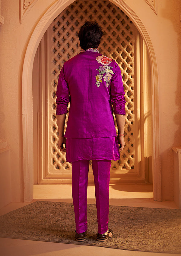 Purple Mauve Taffeta Silk & Linen Satin Kurta with Resham & Cut Dana Work