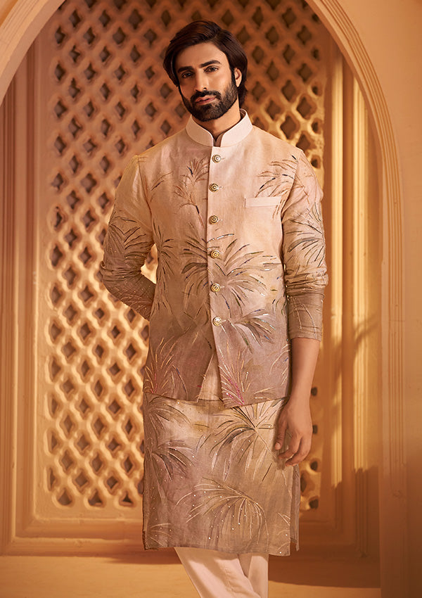 Natural Linen Kurta with Ombre Print and Handcrafted Thread Embroidery