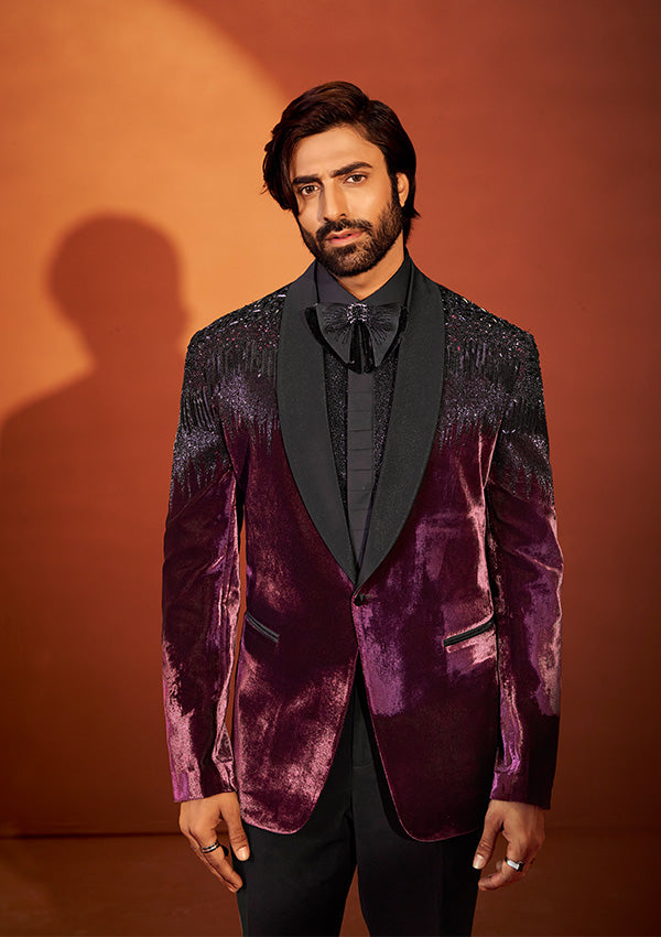 Maroon Wine Velvet Tuxedo Suit with Black Stone Embroidery Hand Work
