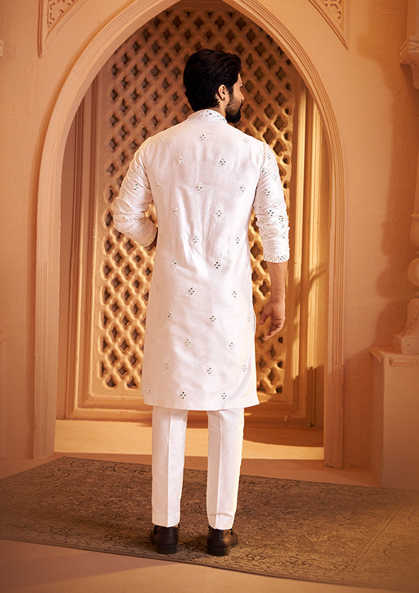 Pearl White Fire Silk Kurta with All Over Mirror and Resham Thread Embroidery