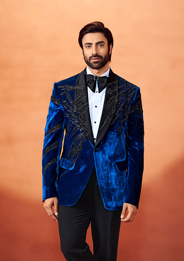 Aqua Blue Velvet Tuxedo Suit with Stone Embroidery Accents