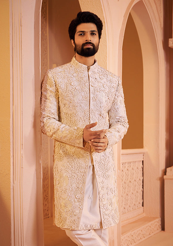 Off White Raw Silk Sherwani  with Resham and Leather Finish Applique Work