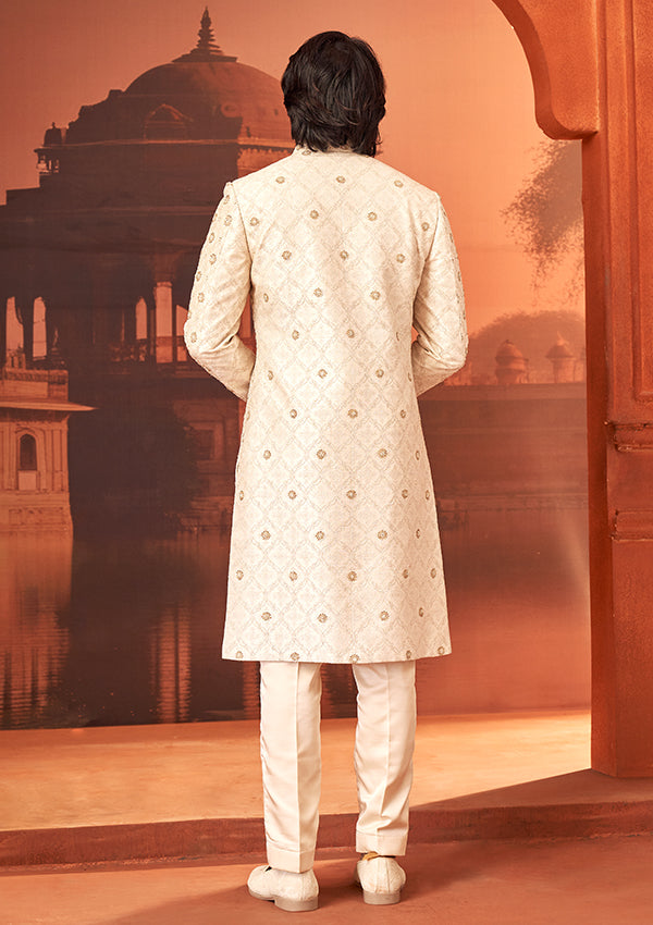 Cream Raw Silk Sherwani With All over thread work with tiki