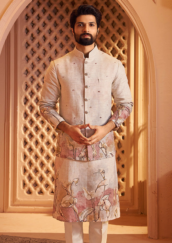 Natural Linen Kurta Koti With Ombre Print and Thread Embroidery