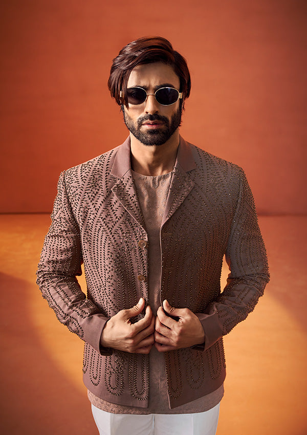 Light Brown Textured Bandhgala with Golden Pearl Detailing