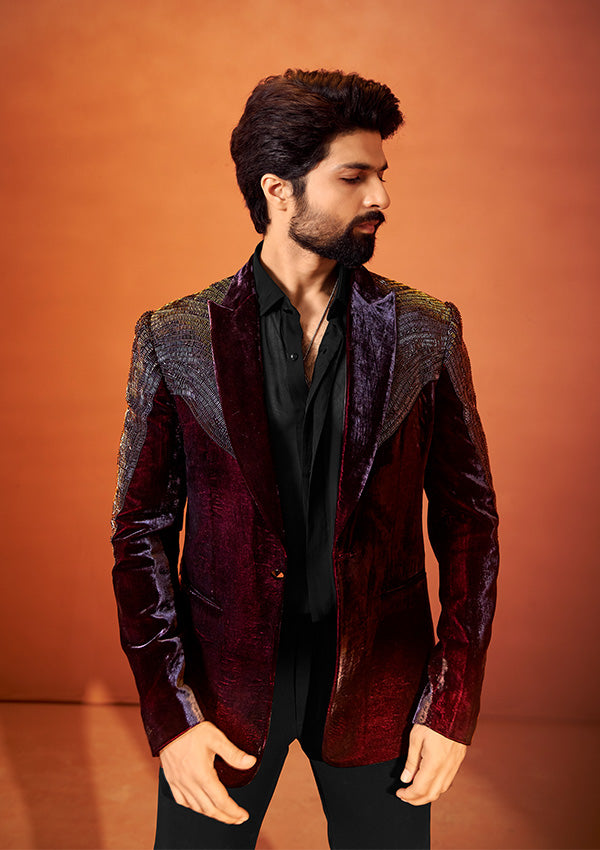 Dark Wine Velvet Suit with Handcrafted Detailing