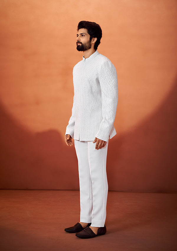 Ivory Textured Bandhgala with Intricate Pearl Handwork