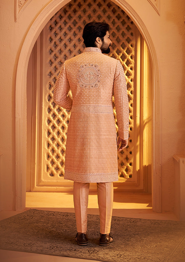 Peach Raw Silk Sherwani Handcrafted Resham Work with Pearl and Cut Dana Detailing