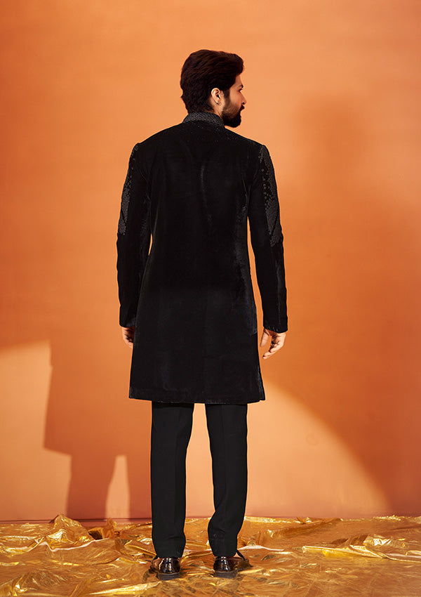 Black Velvet Indo Western with Zari French Knot Detailing