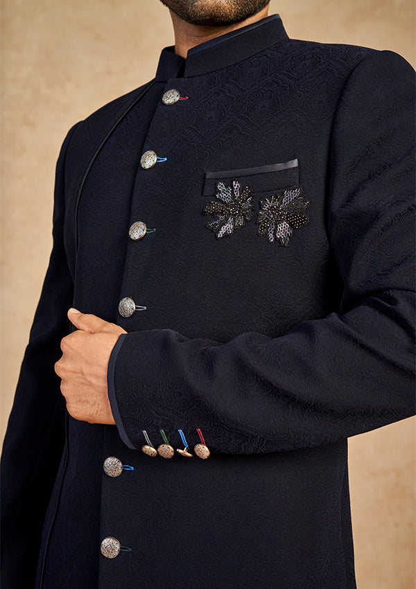 Blue Print Marble Finish Indo Sherwani with moti cut & bead work
