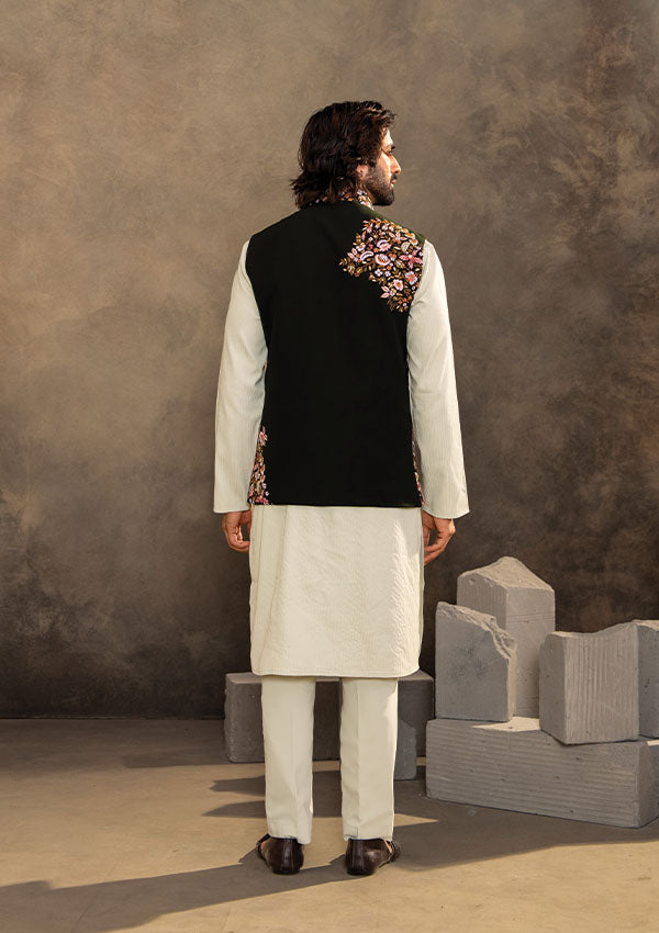 Pista Green Kurta Pajama Set with Bottle Green Koti and Floral Stitch Detailing