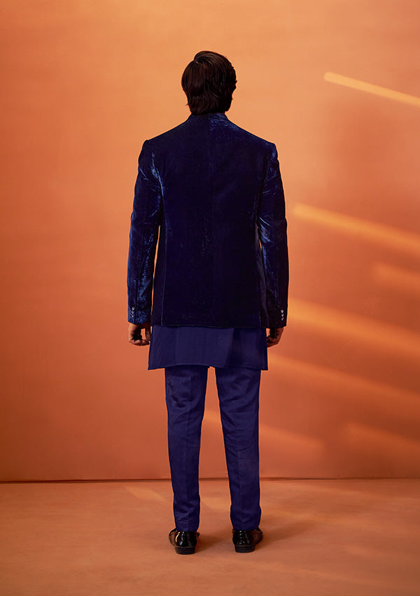 Blue Velvet Indo Western Kurta with Zari French Knot and Cut Dana Work