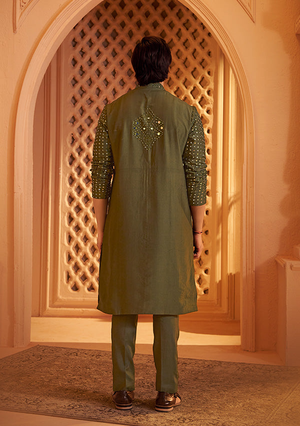 Green Fire Silk Sherwani with All-Over Mirror and Resham Thread Embroidery