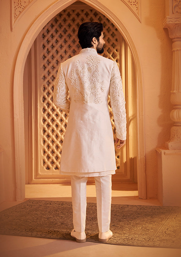 Off White Raw Silk Sherwani  with Resham and Leather Finish Applique Work