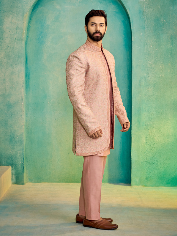 Pink Embroidered Indo-Western Kurta with Highlighted Collar, Two-Panel, and Sleeves Border