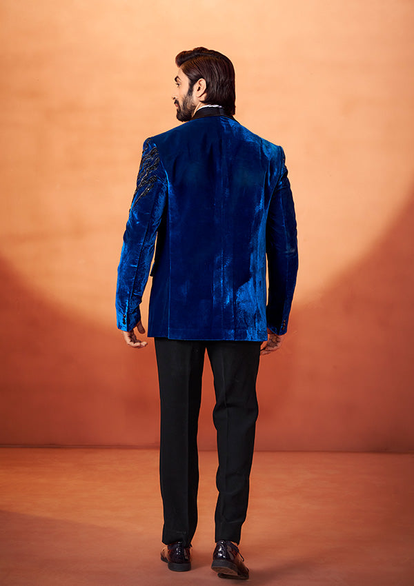 Aqua Blue Velvet Tuxedo Suit with Stone Embroidery Accents