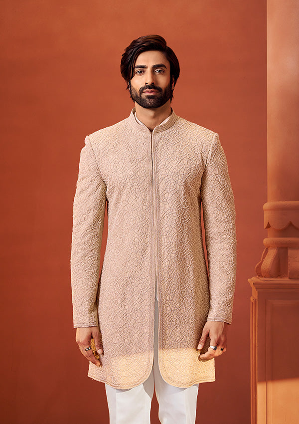 Beige Gold Organza Tissue & Georgette Indo Western Kurta with Pearl Embroidery Work