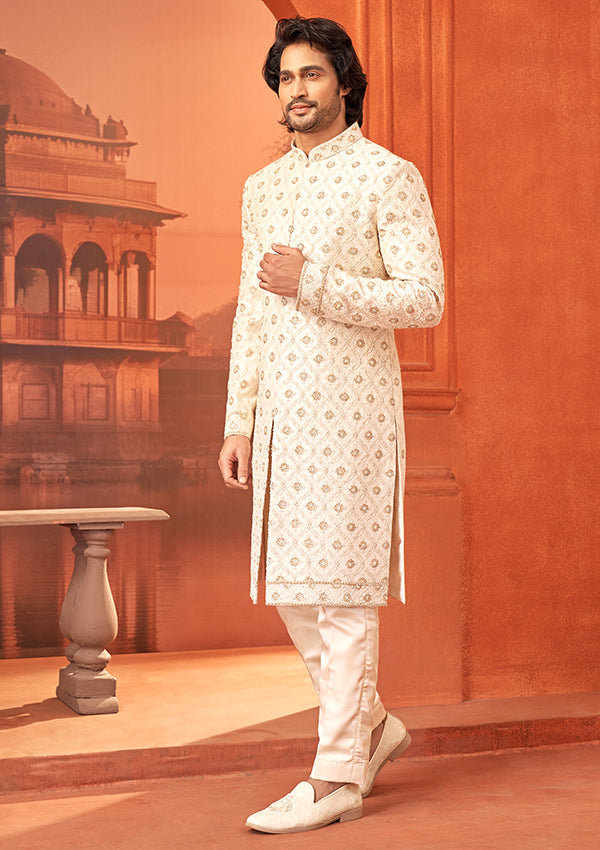 Cream Raw Silk Sherwani With All over thread work with tiki