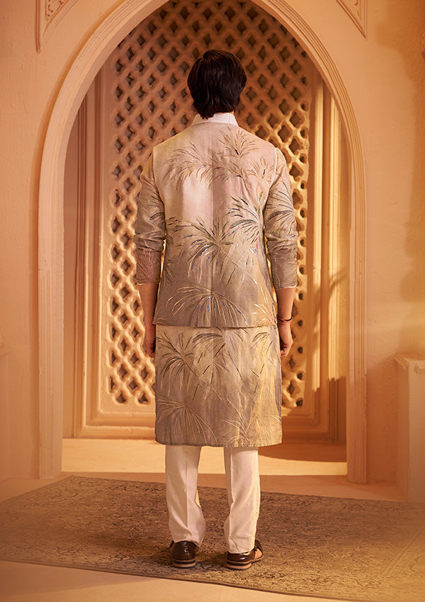 Natural Linen Kurta with Ombre Print and Handcrafted Thread Embroidery
