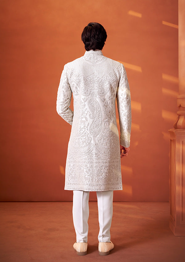 Ivory Raw Silk Sherwani with Resham Thread and Pearl Hand Work