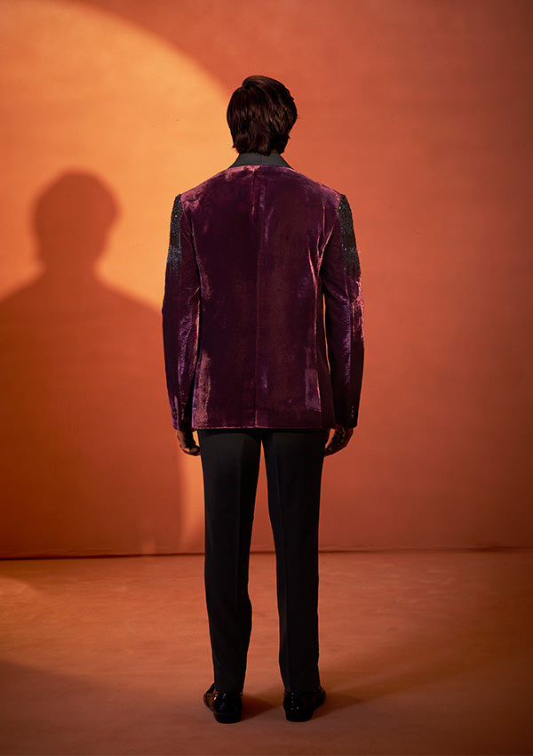 Maroon Wine Velvet Tuxedo Suit with Black Stone Embroidery Hand Work