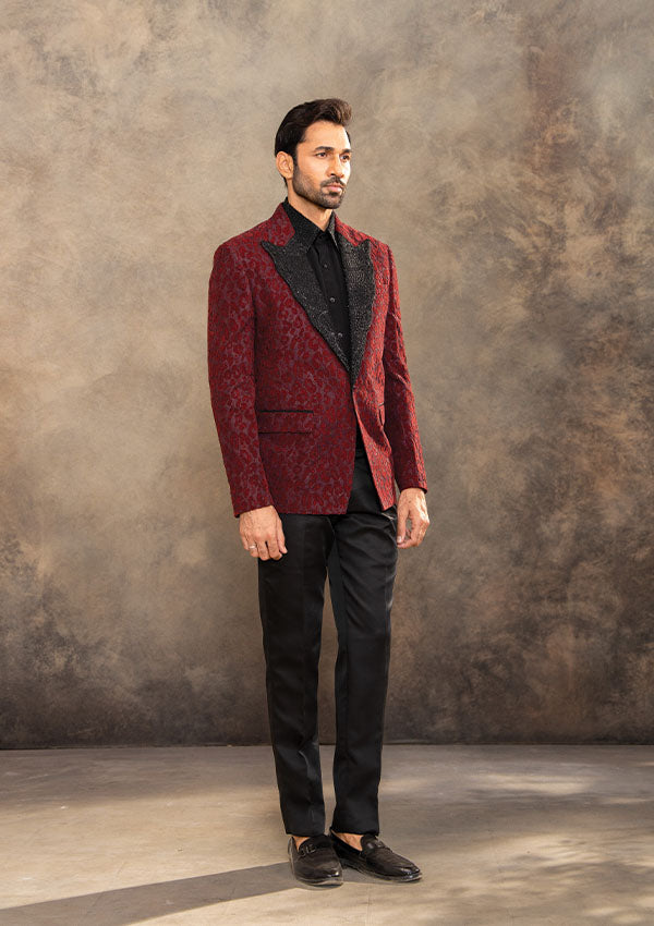 Reddish Maroon Net Fabric Suit with Hand Embellished Lapel