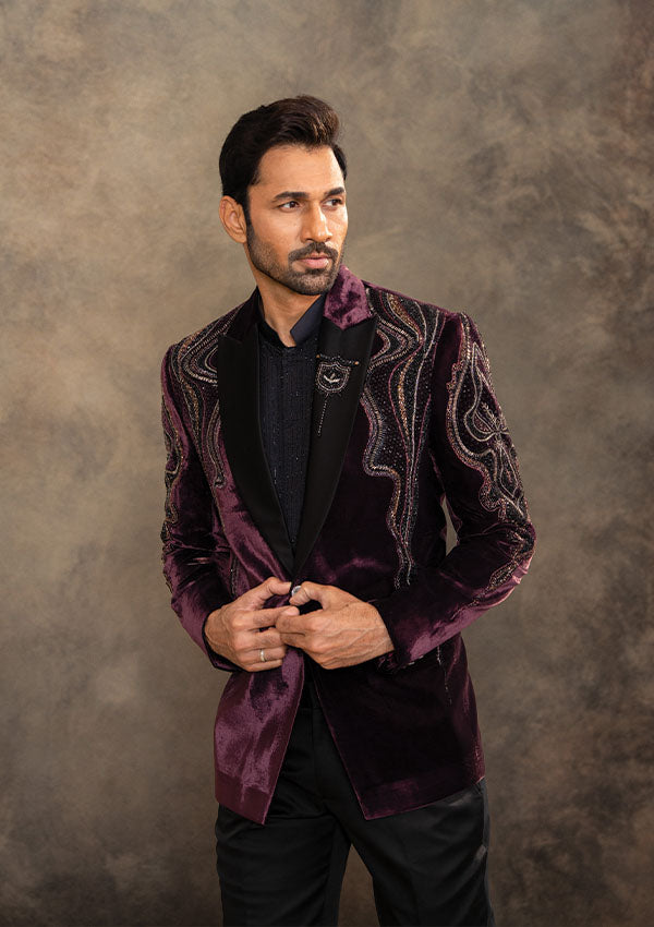 Purple Suede Fabric Suit with Pearl and Cutdana Salli Work