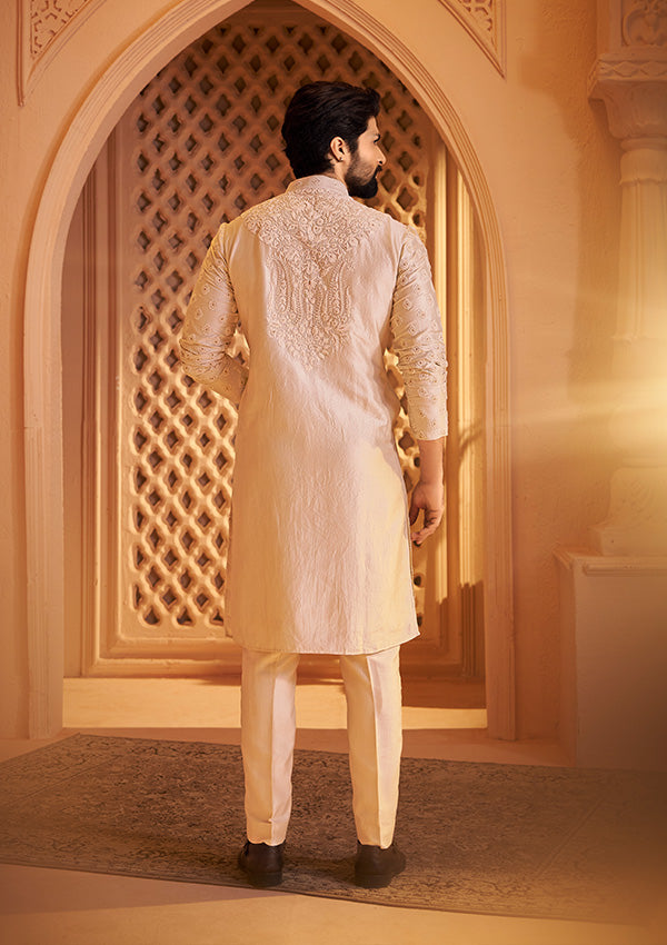 Rose Gold Fire Silk Kurta with Handcrafted Golden Kasab Embroidery