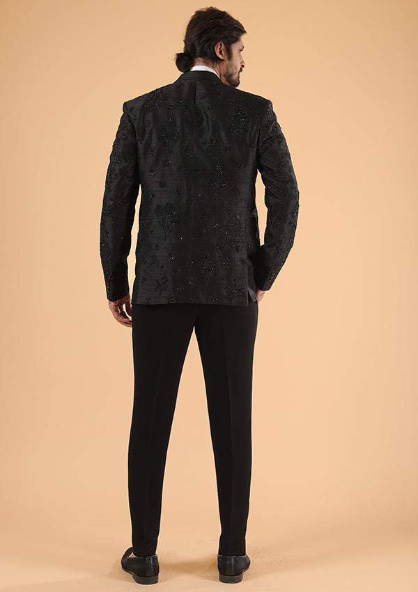 Black Raw Silk Suit with Thread and handwork