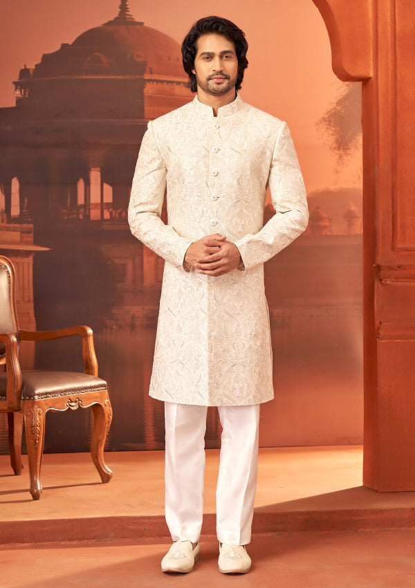 Off White Raw Silk Sherwani with multi color thread work