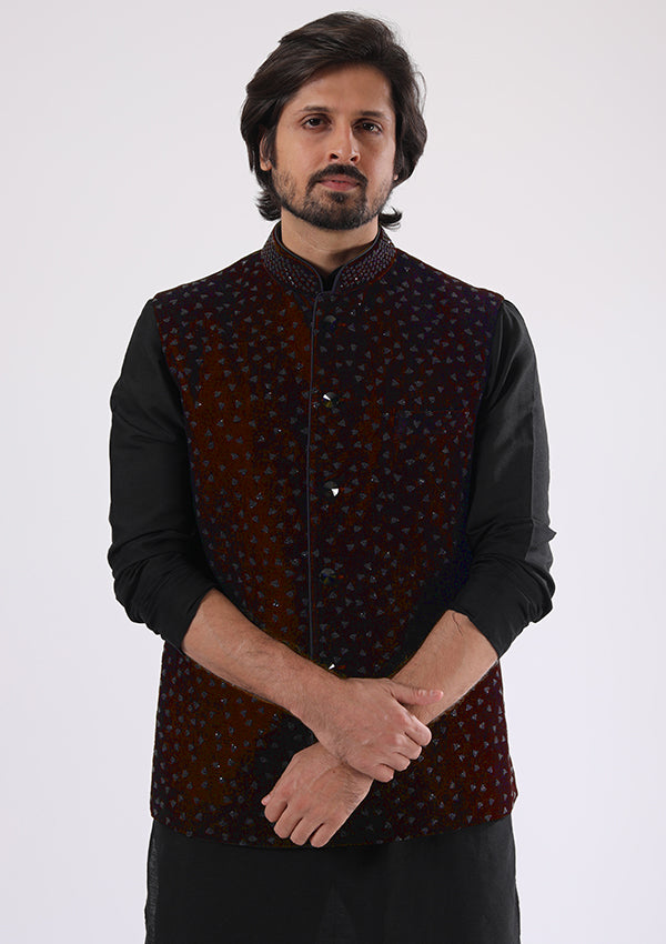 Black and Wine Velvet Kurta Pyjama Koti with Cut Moti Work