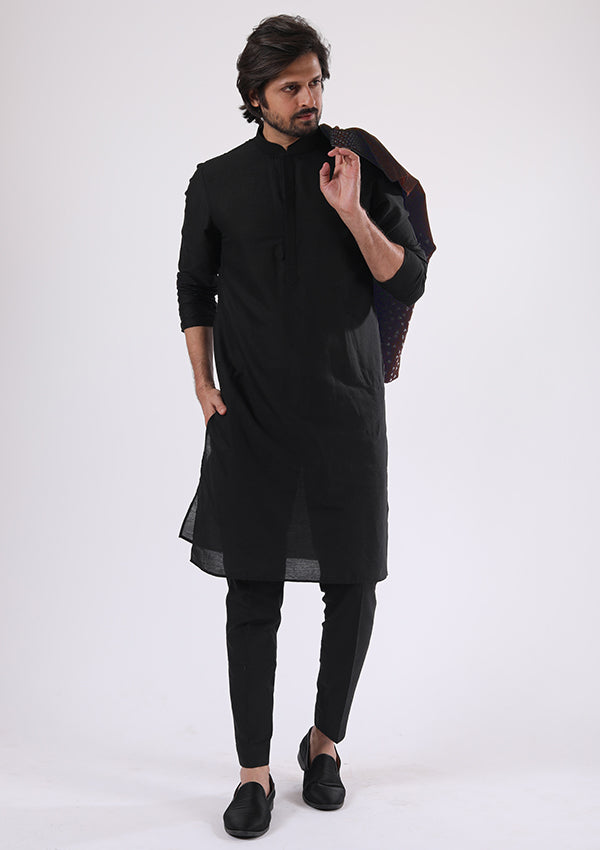 Black and Wine Velvet Kurta Pyjama Koti with Cut Moti Work