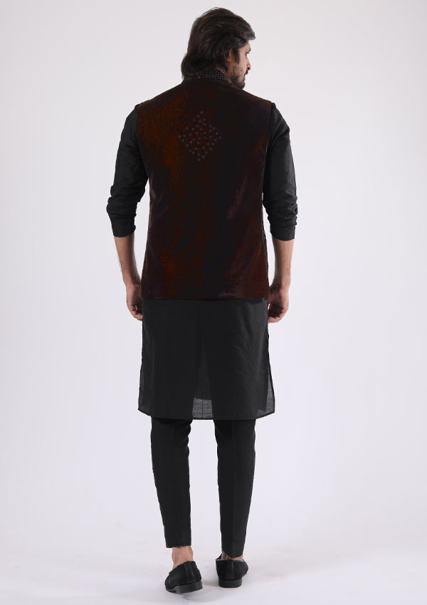 Black and Wine Velvet Kurta Pyjama Koti with Cut Moti Work