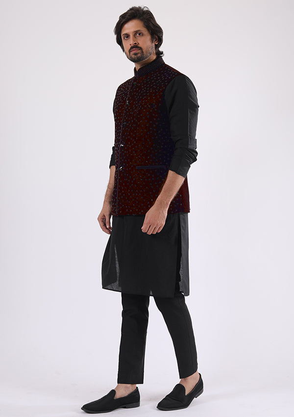 Black and Wine Velvet Kurta Pyjama Koti with Cut Moti Work