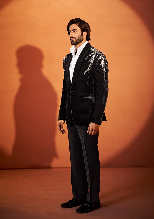 Black Velvet Tuxedo Suit with 3D Embroidery and Grey Embellishments