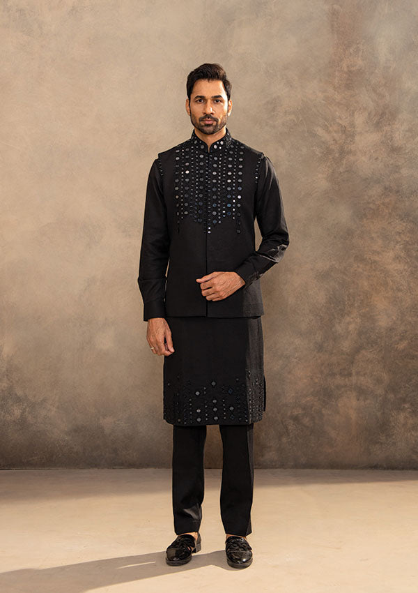 Black Linen Satin Kurta Set with Mirror and Thread Work Koti