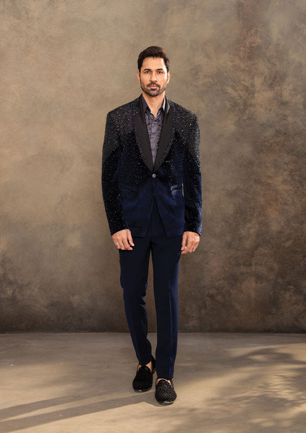 Blue Velvet Suit with Multi Material Hand Embroidery and Satin Shirt
