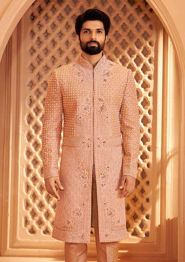 Peach Raw Silk Sherwani Handcrafted Resham Work with Pearl and Cut Dana Detailing