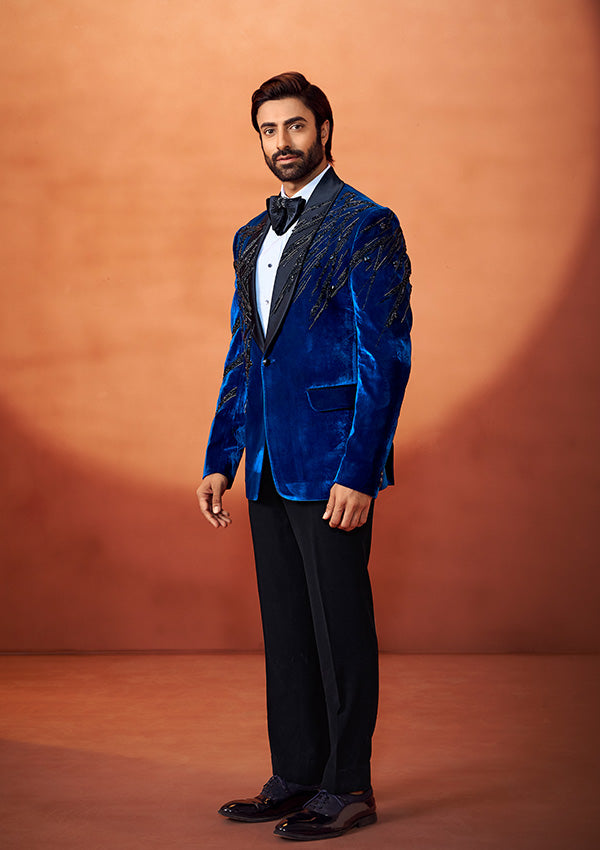 Aqua Blue Velvet Tuxedo Suit with Stone Embroidery Accents