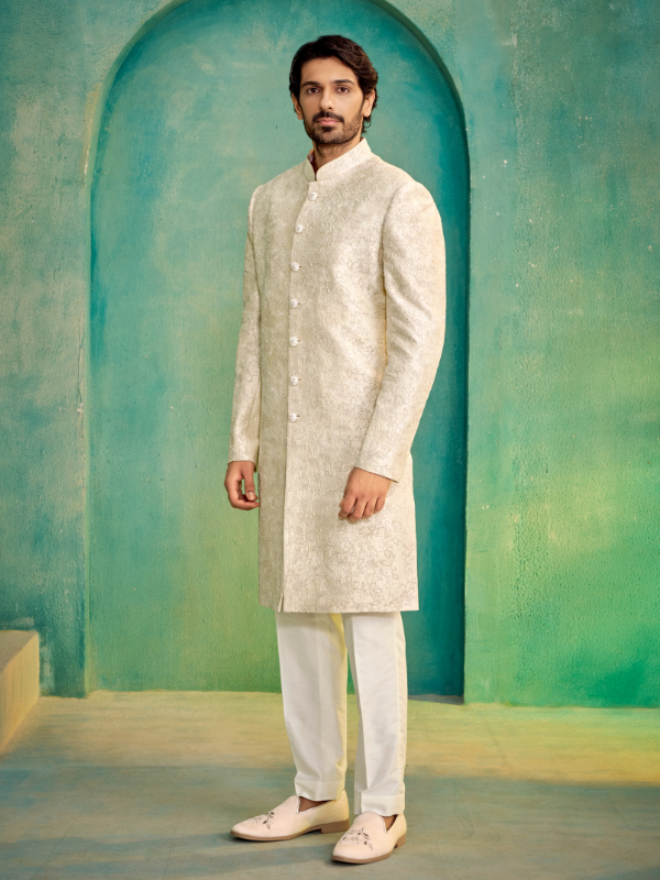 Off White Raw Silk Sherwani with Cutdana Hand Work Embroidery