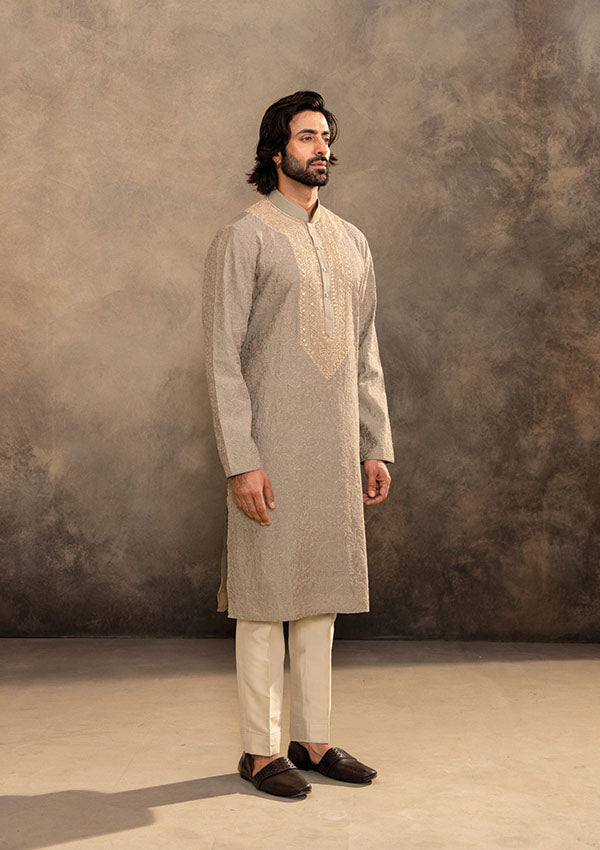 Light Green Spun Silk Kurta Set with Shawl and Kasab Tiki Work
