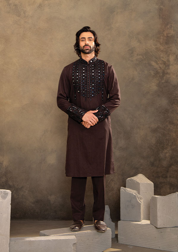 Brown Linen Blend Kurta Set with Mirror Work Collar and Patti Detail