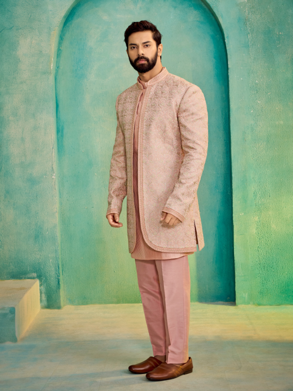 Pink Embroidered Indo-Western Kurta with Highlighted Collar, Two-Panel, and Sleeves Border