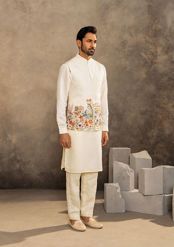 Pearl Off White Linen Blend Kurta Set with Multicolour Thread Work Koti