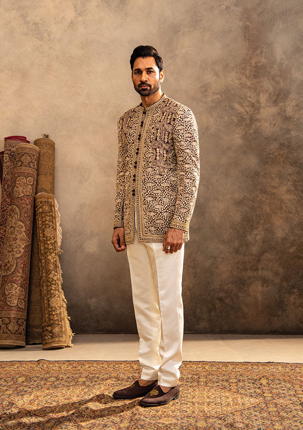 Brown Georgette Jodhpuri Set with Thread & Cutdana Work