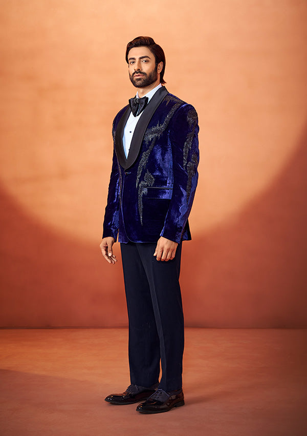Navy Blue Velvet Tuxedo Suit with Handcrafted Beaded Embroidery