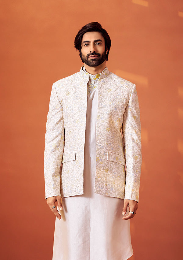 Peach Gold Fire Silk Indo Western Kurta with Handcrafted Resham Embroidery